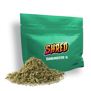 A green bag of Shred 7 or 14 gram Dankmeister XL pre-milled flower.