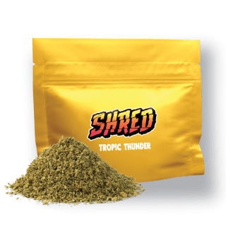 A yellow bag of Shred 7 or 14 gram Tropic Thunder pre-milled flower.